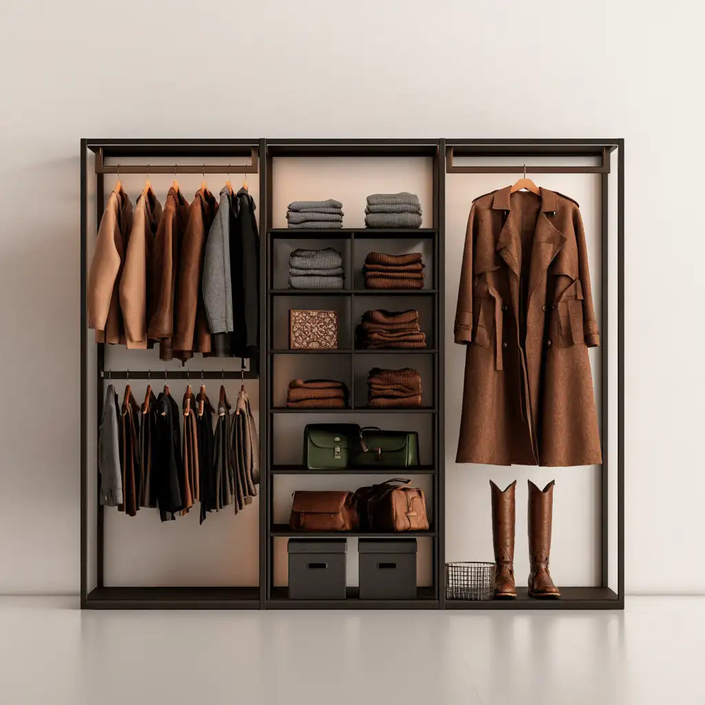 Armadio aperto dal design essenziale, nero e grigio, per la casa