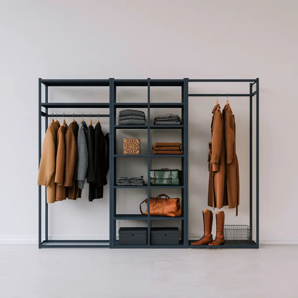 Armadio aperto dal design essenziale, nero e grigio, per la casa