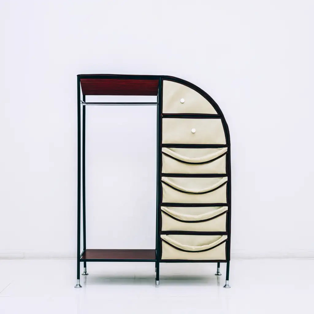 Appendiabiti con cassetti dalla forma compatta, nero e beige, per la casa